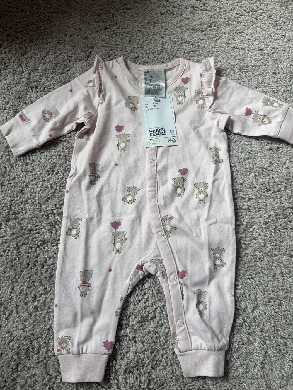 H&M Pink Teddy Bear Heart-Print Footed One-Piece